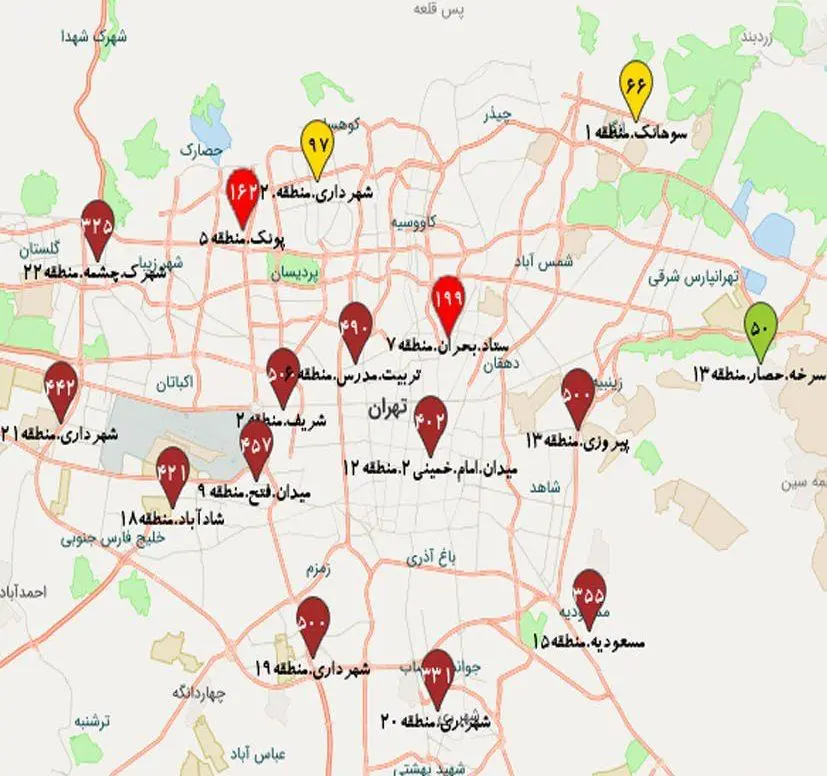 شاخص آلودگی هوای تهران در مناطق مختلف پنجشنبه ۵ مهر ۱۴۰۳