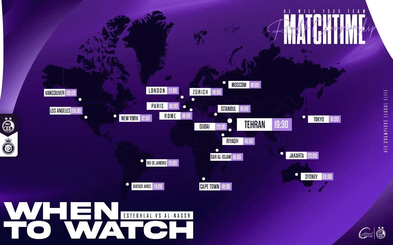 زمان پخش بازی استقلال ایران و النصر عربستان در شهرهای مختلف جهان